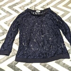 ONLY Navy Floral Lace Designed See Through Long Sleeve Top